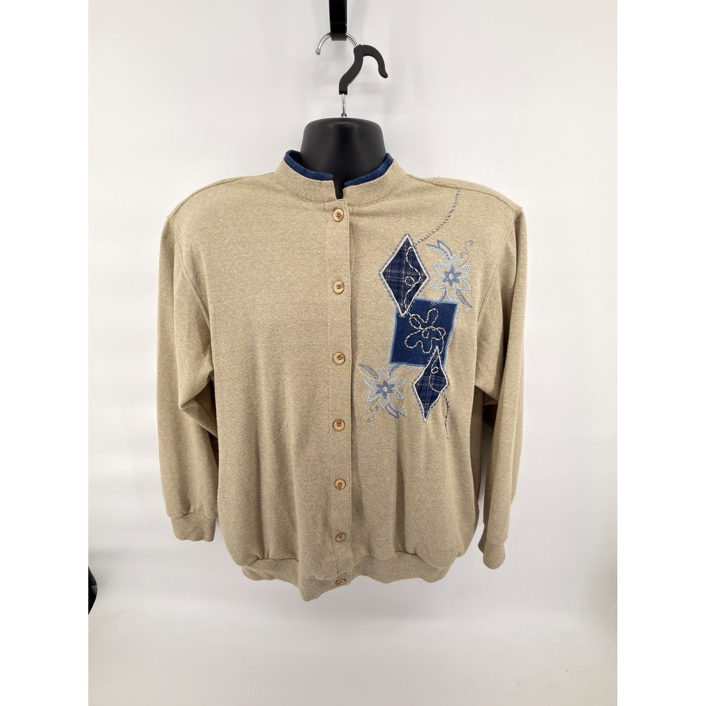 Alfred Dunner Vintage Cardigan Sweater Womens Med Tan Blue Embroidered Flowers‎